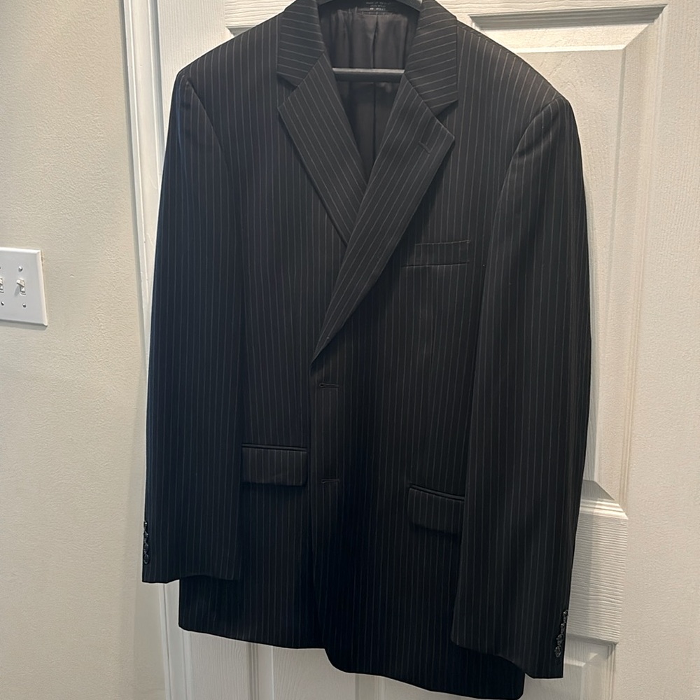 Three piece suit, black with pinstripes